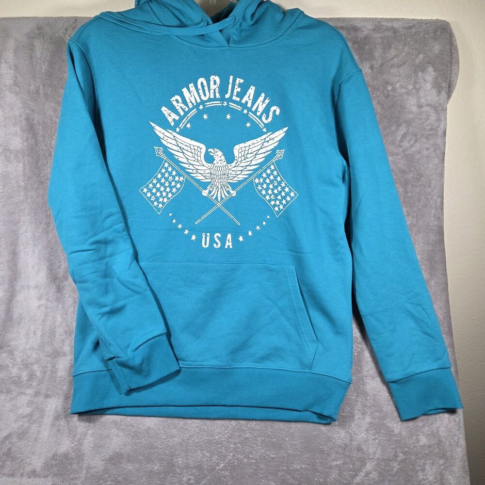 Armor Jeans Men's XL Teal Hoodie Pullover Sweatshirt Eagle Flags USA Graphic NWT